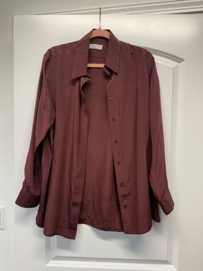 Aritzia Long-Sleeve Button-Down Silk Shirt in Deep Wine